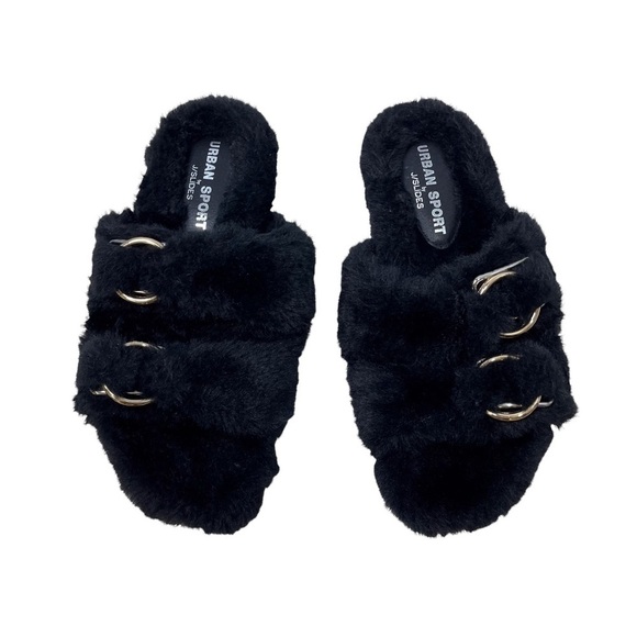 Urban Sport by J Slide Babee Faux Fur Sandal Slide Black Size 8 Double Buckle - Picture 2 of 9